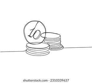 Stacks of coins of different heights, 10 cents, kopecks, pennies one line art. Continuous line drawing of bank, money, finance, financial, payment, data, savings, economic, wealth, credit