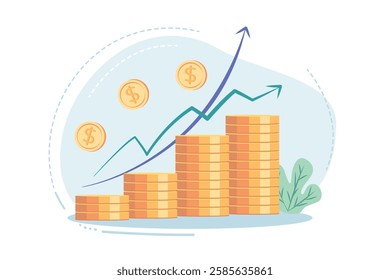 Stacks of coins of different heights, side view, financial concept and financial investment, growth of stocks and business. Vector illustration of profit, successful investment of money. Dollar sign