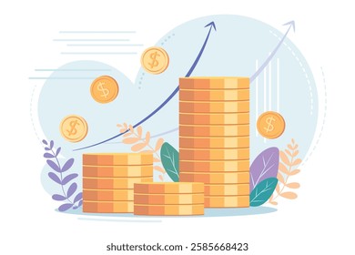 Stacks of coins of different heights, side view, financial concept and financial investment, growth of stocks and business. Vector illustration of profit, successful investment of money. Dollar sign