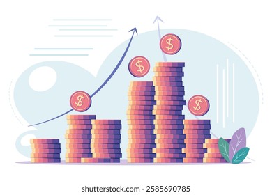 Stacks of coins of different heights, side view, financial concept and financial investment, growth of stocks and business. Vector illustration of profit, successful investment of money. Dollar sign