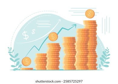 Stacks of coins of different heights, side view, financial concept and financial investment, growth of stocks and business. Vector illustration of profit, successful investment of money. Dollar sign