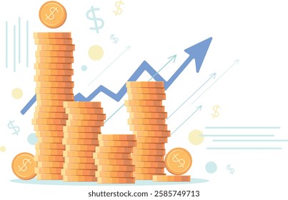 Stacks of coins of different heights, side view, financial concept and financial investment, growth of stocks and business. Vector illustration of profit, successful investment of money. Dollar sign