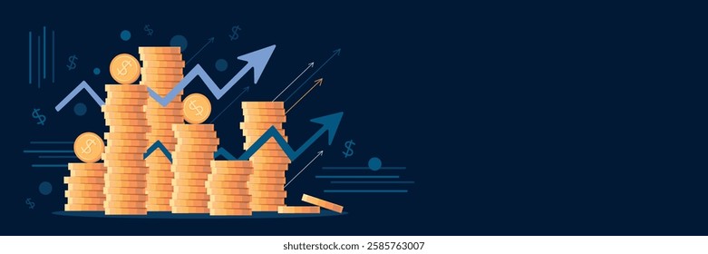 Stacks of coins of different heights, side view, financial concept and financial investment, growth of stocks and business. Vector illustration of profit, successful investment of money. Dollar sign