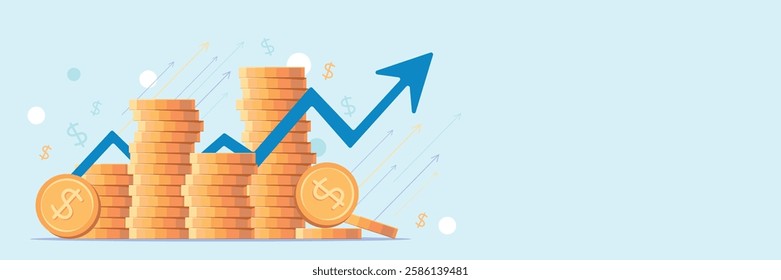 Stacks of coins of different heights, side view, financial concept and financial investment, growth of stocks and business. Vector illustration of profit, successful investment of money. Dollar sign