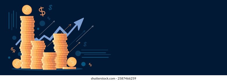 Stacks of coins of different heights, side view, financial concept and financial investment, growth of stocks and business. Vector illustration of profit, successful investment of money. Dollar sign