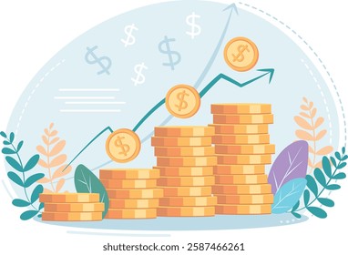 Stacks of coins of different heights, side view, financial concept and financial investment, growth of stocks and business. Vector illustration of profit, successful investment of money. Dollar sign