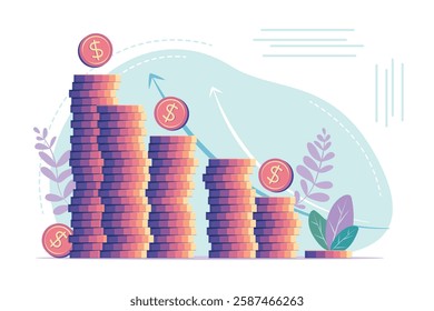 Stacks of coins of different heights, side view, financial concept and financial investment, growth of stocks and business. Vector illustration of profit, successful investment of money. Dollar sign