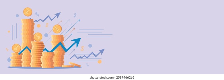 Stacks of coins of different heights, side view, financial concept and financial investment, growth of stocks and business. Vector illustration of profit, successful investment of money. Dollar sign