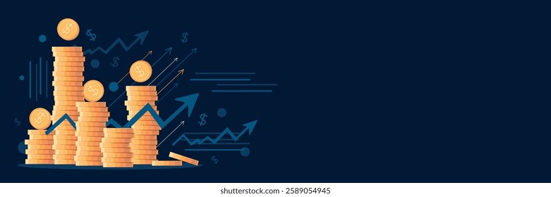 Stacks of coins of different heights, side view, financial concept and financial investment, growth of stocks and business. Vector illustration of profit, successful investment of money. Dollar sign