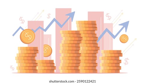 Stacks of coins of different heights, side view, financial concept and financial investment, growth of stocks and business. Vector illustration of profit, successful investment of money. Dollar sign