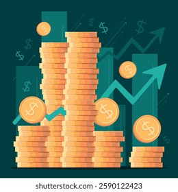 Stacks of coins of different heights, side view, financial concept and financial investment, growth of stocks and business. Vector illustration of profit, successful investment of money. Dollar sign