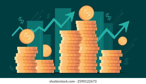 Stacks of coins of different heights, side view, financial concept and financial investment, growth of stocks and business. Vector illustration of profit, successful investment of money. Dollar sign