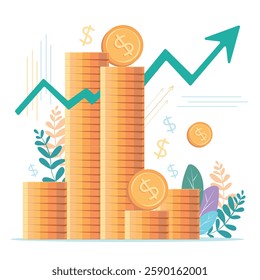 Stacks of coins of different heights, side view, financial concept and financial investment, growth of stocks and business. Vector illustration of profit, successful investment of money. Dollar sign