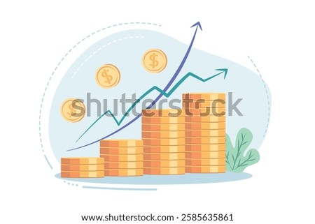 Stacks of coins of different heights, side view, financial concept and financial investment, growth of stocks and business. Vector illustration of profit, successful investment of money. Dollar sign