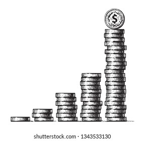 Stacks of coins with dollar sign coin on the top. Concept of economic growth, business success. Hand drawn vector illustration in sketch style. Metal money columns income graph.