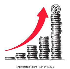 Stacks of coins with dollar sign coin on top and red arrow going up. Diagram of  economic growth, business success concept, money columns income graph. Hand drawn vector illustration in sketch style.