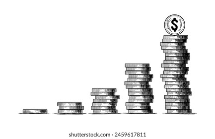 Stacks of coins with dollar sign coin on the top. Concept of economic growth, business success. Hand drawn vector illustration in sketch style. Metal money columns income graph.