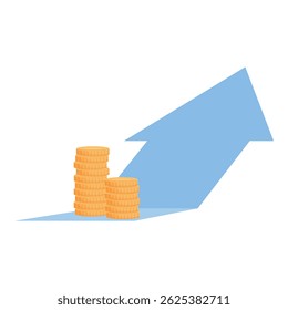 Stacks of coins are getting higher and a blue arrow is pointing up, representing positive financial results