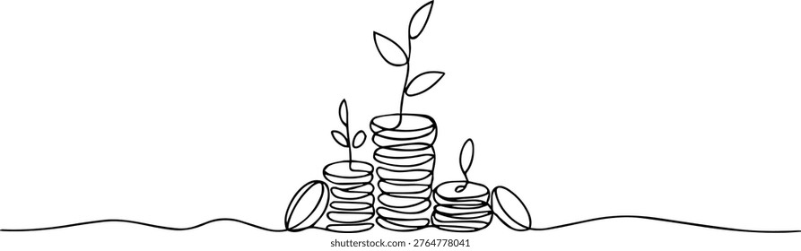 Stacks of coins with green sprouts continuous one line drawing, Stacked coins sprouting plant representing financial growth. no editable strokes, Single Line Drawing Plant Coins. Stack Growth Finance