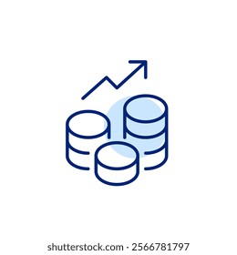 Stacks of coins and growing chart. Success in investment, wealth and finance management. Pixel perfect, editable stroke icon