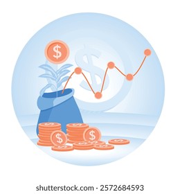 Stacks of coins, growing plants, and trend lines depict financial investments. Self-development, financial management, and economic growth. Investing money in self-development concept.