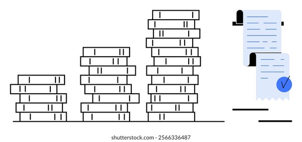 Stacks of coins increase in height from left to right with two rolled receipts on right. Ideal for financial planning, bookkeeping, budgeting, accounting, economic growth. Simple clean vector style