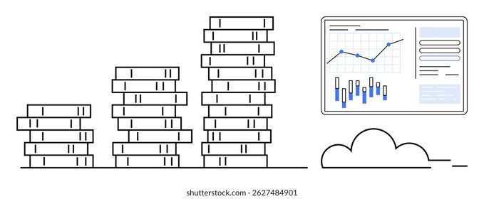 Stacks of coins increasing in height with a graph showing positive trends on a screen. Ideal for investment, financial planning, business growth, economic reports, technology, cloud computing