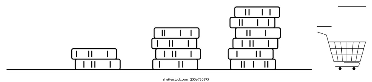 Stacks of coins increasing in height from left to right near a shopping cart Ideal for finance, saving money, economic growth, investment, budgeting themes Simple and clean style