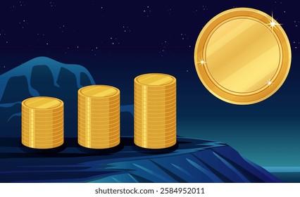 Stacks of coins with a large coin above