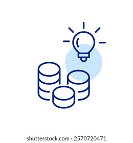 Stacks of coins and light bulb. Innovation in financial technology, successful investment strategies. Pixel perfect, editable stroke icon
