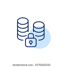 Stacks of coins and lock. Savings protection, stable financial accounts. Pixel perfect vector icon