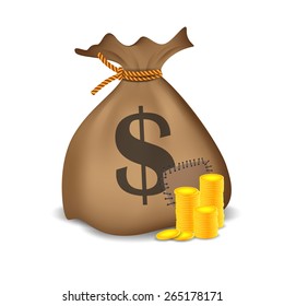 Stacks of coins and money bag. Vector illustration