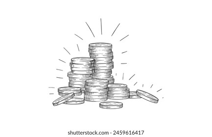 Pilas de monedas. Dinero. Ilustración vectorial dibujada a mano