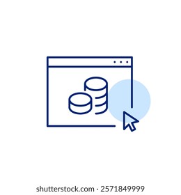 Stacks of coins on web page and mouse click. Online earnings, finance management, e-commerce and banking. Pixel perfect, editable stroke icon