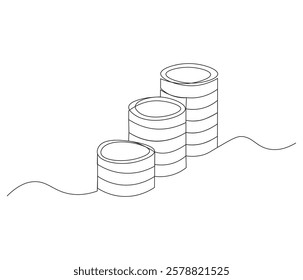 Stacks of coins in one continuous line drawing. Coins money symbol of financial success and investment business. Coins money in simple linear style. Editable outline illustration