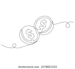 Stacks of coins in one continuous line drawing. Coins money symbol of financial success and investment business. Coins money in simple linear style. Editable outline illustration