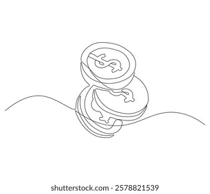 Stacks of coins in one continuous line drawing. Coins money symbol of financial success and investment business. Coins money in simple linear style. Editable outline illustration