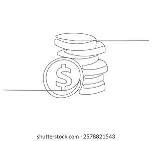 Stacks of coins in one continuous line drawing. Coins money symbol of financial success and investment business. Coins money in simple linear style. Editable outline illustration