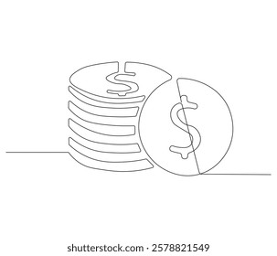 Stacks of coins in one continuous line drawing. Coins money symbol of financial success and investment business. Coins money in simple linear style. Editable outline illustration