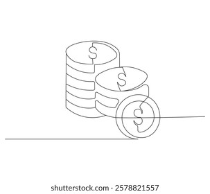 Stacks of coins in one continuous line drawing. Coins money symbol of financial success and investment business. Coins money in simple linear style. Editable outline illustration