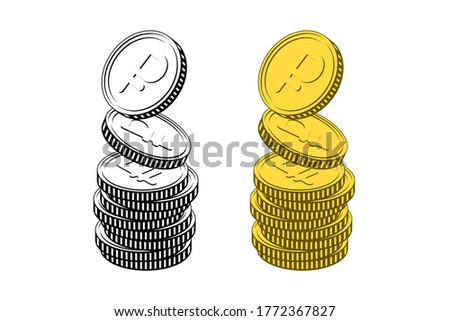 Stacks of coins with rouble signs, isolated over white background, in black and white and yellow colors. Concept of income, profit, successful business