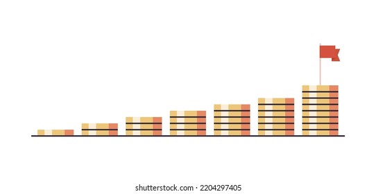 Stacks of coins and striving for financial success, moving towards a goal concept flat vector illustration.