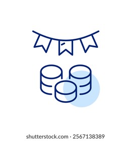 Stacks of coins under celebration flags. Successful investments, wealth and profits celebration. Pixel perfect, editable stroke icon