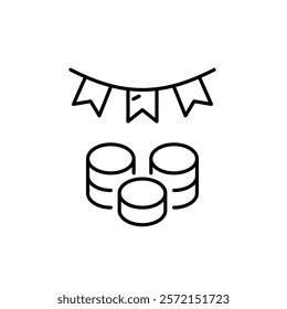 Stacks of coins under celebration flags. Successful investments, wealth and profits celebration. Pixel perfect vector icon