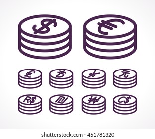 Stacks of coins. Various currencies coins. United States Dollar, Pound Sterling, Turkish Lira, Israeli Sheqel, Japanese Yen, South Korean Won, Chinese Yuan, etc. Linear vector illustration