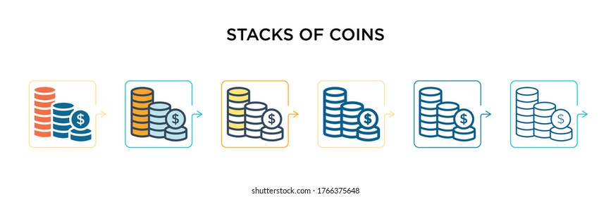 Stacks of coins vector icon in 6 different modern styles. Black, two colored stacks of coins icons designed in filled, outline, line and stroke style. Vector illustration can be used for web, mobile,