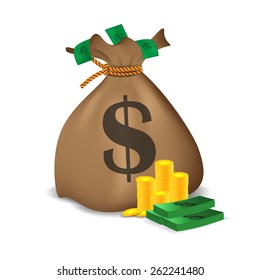 Stacks of coins,a bundle of money and money bag. Vector illustration
