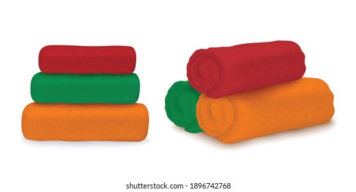 Säcke von gefalteten und gefalteten frischen Badehandtüchern. Weiche Textilien für Strand oder Küche, Hygiene im Badezimmer oder Duschhotel oder Haus. Vektor 3d einzelne realistische Illustration