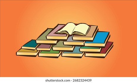 Pilhas de livros coloridos com um livro aberto