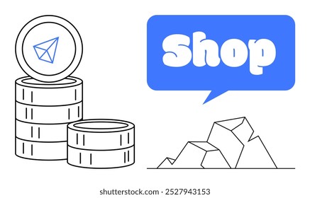 Pilas de monedas de criptomonedas, una burbuja de discurso etiquetada como Shop y cristales geométricos. Ideal para comercio electrónico, moneda digital, tecnología financiera, compras en línea y temas de blockchain. Minimalista